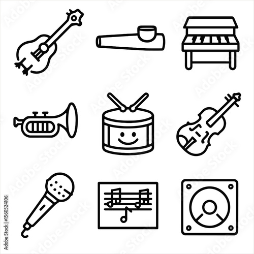 Comedic Musical Instruments. Outline icon set of musical parody instruments: rubber chicken guitar, kazoo, toy piano, plastic