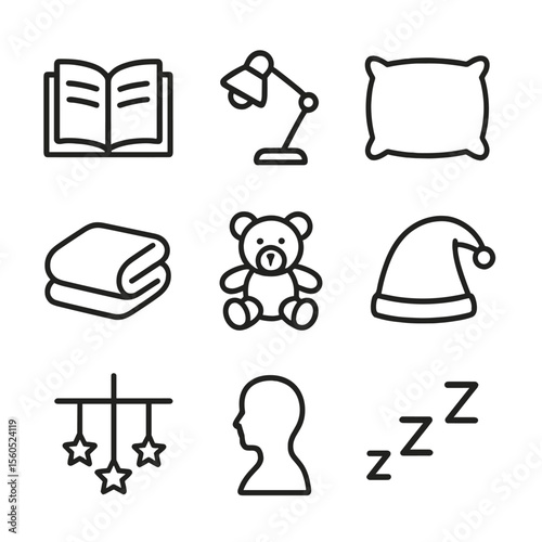 Bedtime Story Icons. Outline icon set of bedtime story routines: open book, reading lamp, pillow, blanket, teddy bear, nightcap,