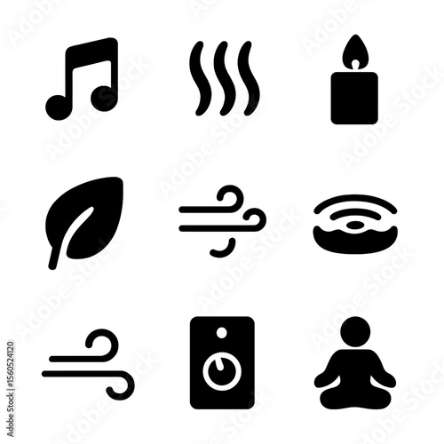 Bath Ambiance Icons. Solid, filled icon set of bath ambiance: soft music note, steam rise, candlelight flicker, shadow leaf,