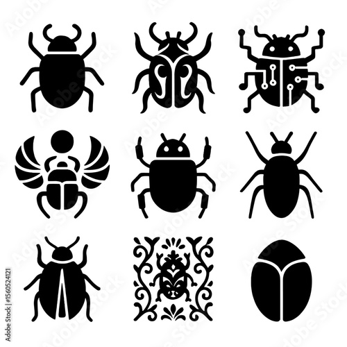 Beetle Icons Grid. Solid, filled icon set of beetle-inspired design: beetle silhouette, tribal beetle, tech beetle, scarab symbol,