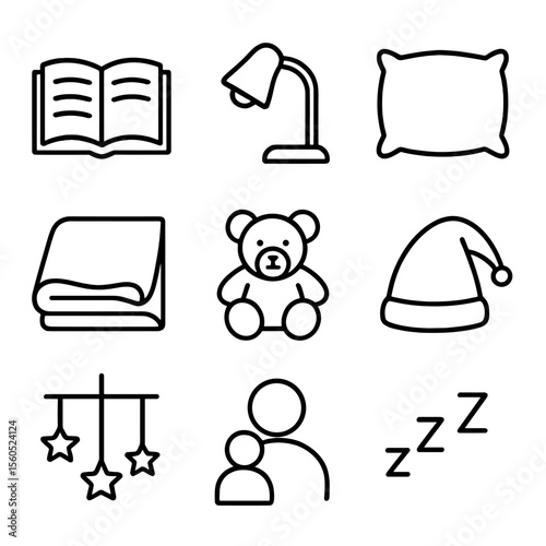 Bedtime Story Icons. Outline icon set of bedtime story routines: open book, reading lamp, pillow, blanket, teddy bear, nightcap,