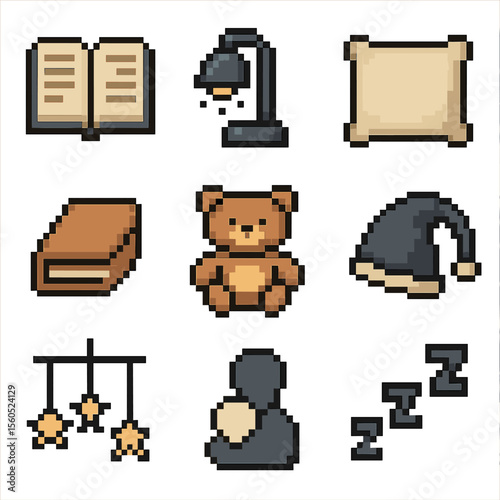 Bedtime Story Icons. Pixel art icon set of bedtime story routines: open book, reading lamp, pillow, blanket, teddy bear, nightcap,