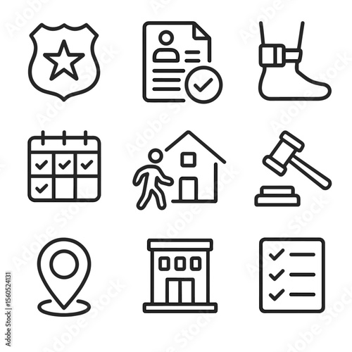 Community Supervision Icons. Outline icon set of community supervision and parole: parole officer badge, parole agreement document