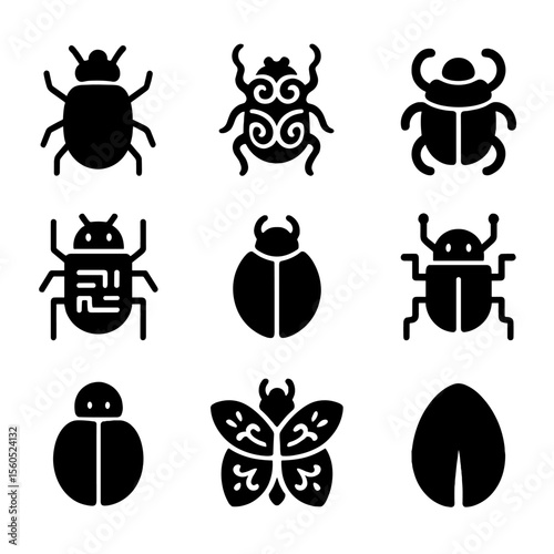 Beetle Icons Grid. Solid, filled icon set of beetle-inspired design: beetle silhouette, tribal beetle, tech beetle, scarab symbol,