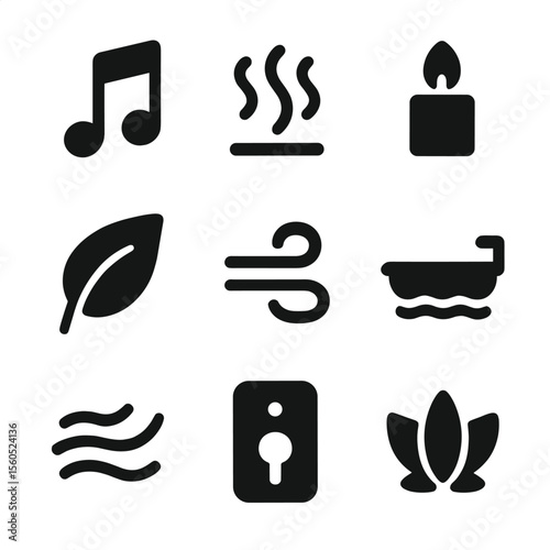 Bath Ambiance Icons. Solid, filled icon set of bath ambiance: soft music note, steam rise, candlelight flicker, shadow leaf,