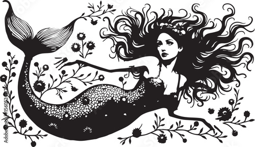 skech vector of mermaid. hand drawn vector illustration of a mermaid. black and white vector for drawing. vector of mermaid black white