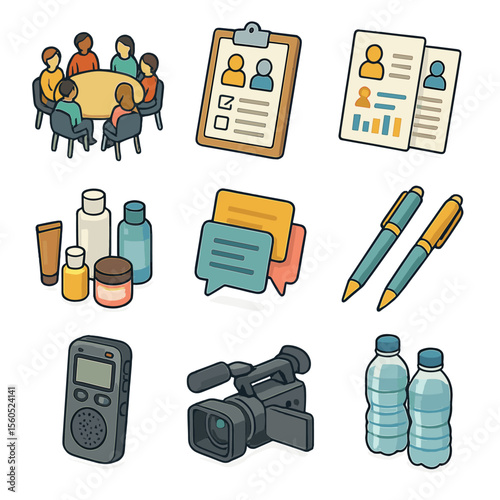 Consumer Focus Group Icons. Isometric Flat icon set of consumer focus group discussions: focus group table, moderator clipboard,