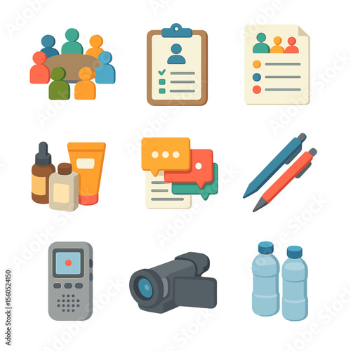 Consumer Focus Group Icons. Isometric Flat icon set of consumer focus group discussions: focus group table, moderator clipboard,