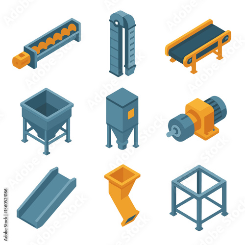Conveyor System Icons. Isometric Flat icon set of bulk material conveyors: screw conveyor, bucket elevator, belt feeder, hopper,