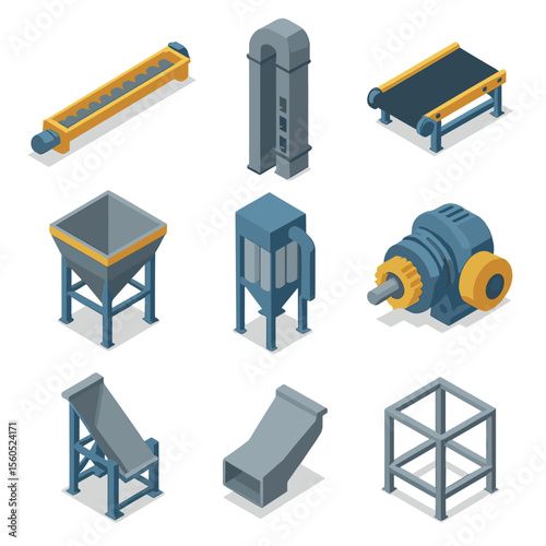 Conveyor System Icons. Isometric Flat icon set of bulk material conveyors: screw conveyor, bucket elevator, belt feeder, hopper,