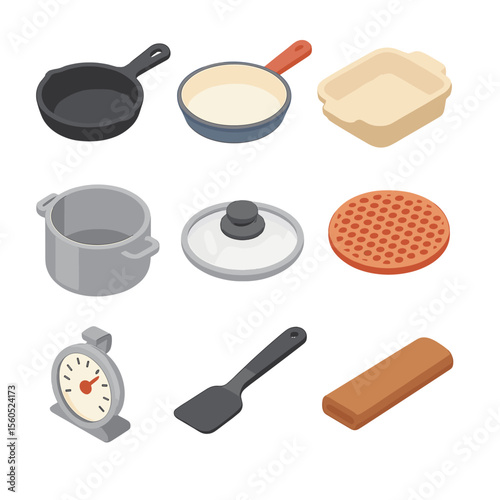 Cookware Icon Grid. Isometric Flat icon set of high-temp cookware materials: cast iron skillet, enamel-coated pan, ceramic baking
