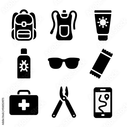 Beginner Hiking Gear Icons. Solid, filled icon set of beginner hiking gear: lightweight backpack, hydration pack, sunscreen tube,
