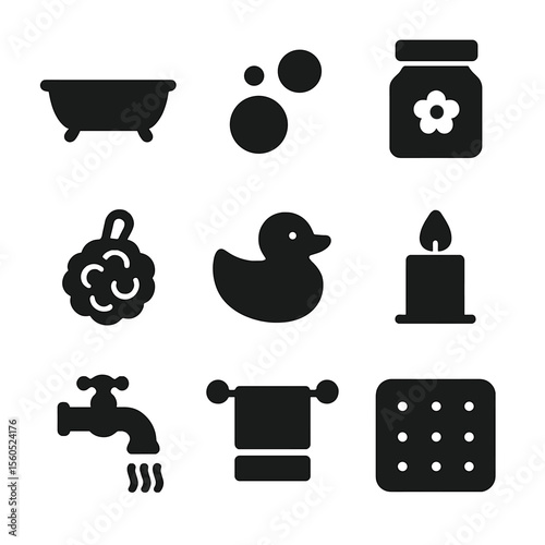 Bath Time Icons. Solid, filled icon set of bath time essentials: bathtub, bath bubbles, bath salts jar, loofah, rubber duck,