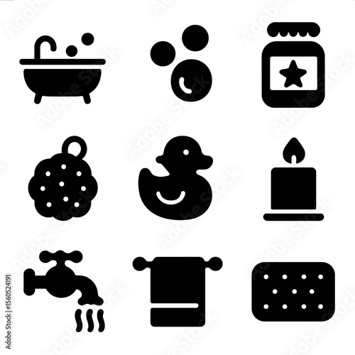 Bath Time Icons. Solid, filled icon set of bath time essentials: bathtub, bath bubbles, bath salts jar, loofah, rubber duck,