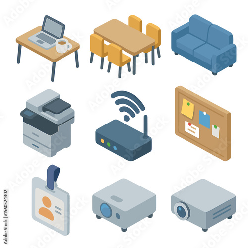 Coworking Icons Collection. Isometric Flat icon set of Coworking Spaces and Environments: desk with laptop, coffee cup, meeting