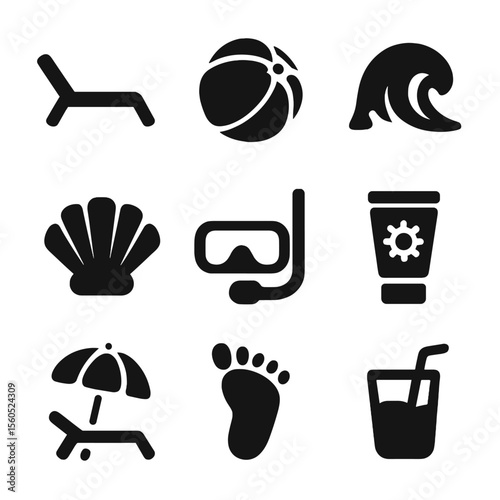 Beach Icons Grid. Solid, filled icon set of sunny beachside environment: lounge chair, beach ball, crashing wave, seashell,