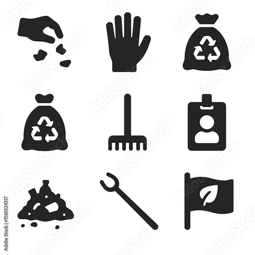 Beach Cleanup Icons. Solid, filled icon set of beach clean-up actions: trash pick-up, glove hand, litter bag, recycle sorting,