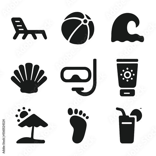 Beach Icons Grid. Solid, filled icon set of sunny beachside environment: lounge chair, beach ball, crashing wave, seashell,
