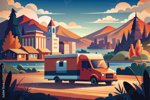 Van Life. Scenic Road Trip through Majestic Mountains and Cityscapes