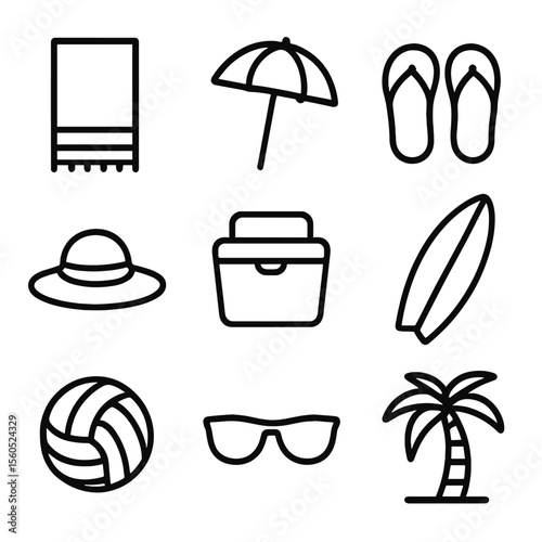 Beach Hangout Icons. Outline icon set of Beach Hangout: beach towel, umbrella, flip-flops, sunhat, cooler, surfboard, volleyball,