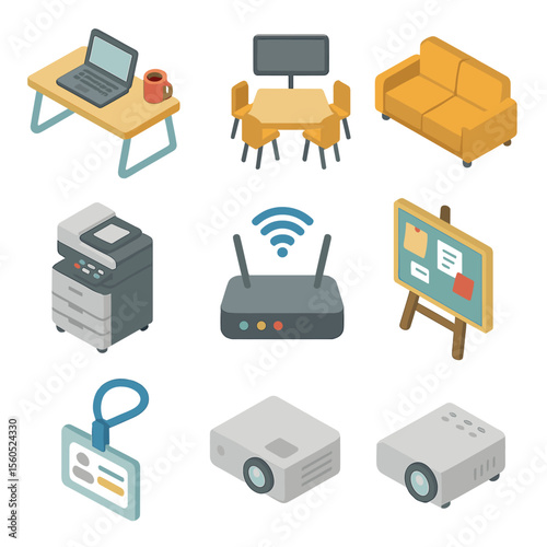 Coworking Icons Collection. Isometric Flat icon set of Coworking Spaces and Environments: desk with laptop, coffee cup, meeting