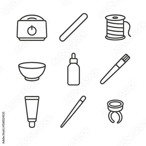 Brow Salon Tool Icons. Outline icon set of professional brow salon tools: wax heater pot, wooden applicator stick, threading