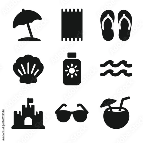 Beachside Icon Grid. Solid, filled icon set of beachside sunshine: sun umbrella, beach towel, flip-flops, seashell, sunscreen,