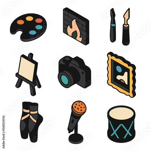 Creative Arts Icons Grid. Isometric Flat icon set of Black Art and Creativity: paint palette, mural wall, sculpting tools, canvas
