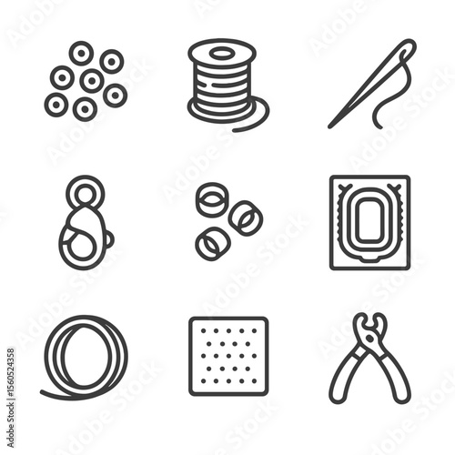 Beading Tools Icons. Outline icon set of beading and stringing: seed beads, beading thread, needle, clasp, crimp beads, bead board