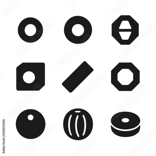Bead Icon Collection. Solid, filled icon set of bead types: seed bead, pony bead, crystal bead, cube bead, bugle bead, faceted