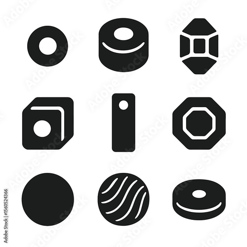 Bead Icon Collection. Solid, filled icon set of bead types: seed bead, pony bead, crystal bead, cube bead, bugle bead, faceted