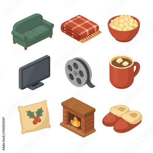 Cozy Movie Night Icons. Isometric Flat icon set of holiday movie night cozy setting: sofa, blanket, popcorn bowl, television