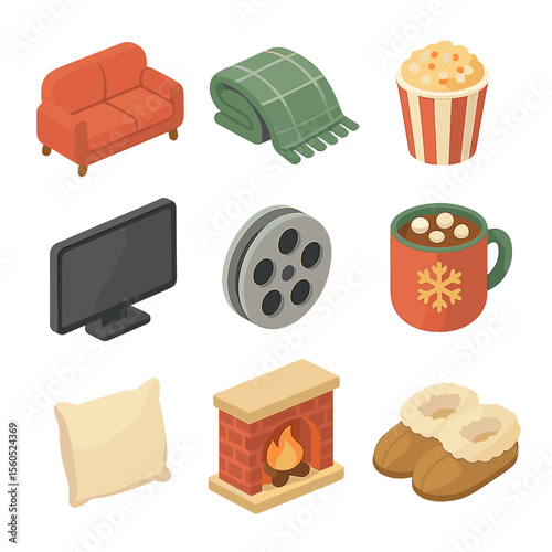 Cozy Movie Night Icons. Isometric Flat icon set of holiday movie night cozy setting: sofa, blanket, popcorn bowl, television