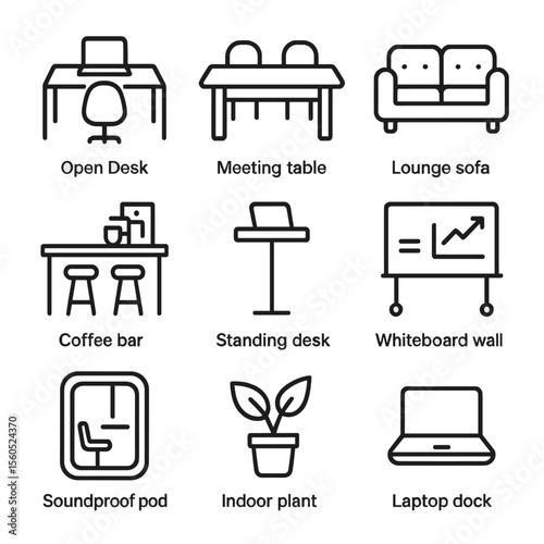 Coworking Space Icons. Outline icon set of Coworking Spaces: open desk, meeting table, lounge sofa, coffee bar, standing desk,