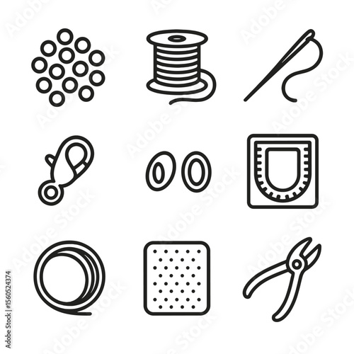 Beading Tools Icons. Outline icon set of beading and stringing: seed beads, beading thread, needle, clasp, crimp beads, bead board