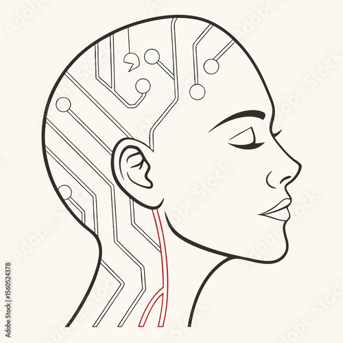 Illustration of a cyborg head with circuit patterns and a red vein on a light background