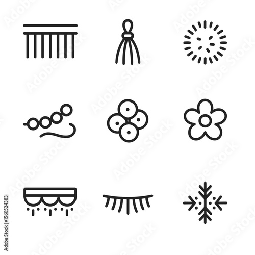 Crochet Embellishment Icons. Outline icon set of crochet embellishments: fringe, tassel, pom-pom, beadwork, sequins, appliqué