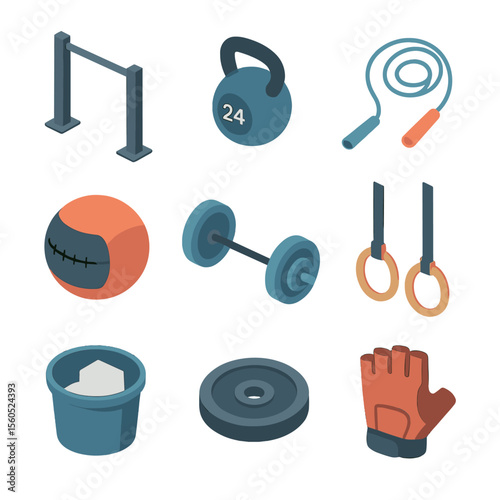 CrossFit Gear Icons. Isometric Flat icon set of CrossFit gear: pull-up bar, kettlebell, jump rope, wall ball, barbell, gymnastic