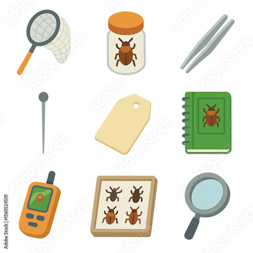 Beetle Collection Tools. Isometric Flat icon set of beetle collection tools: insect net, specimen jar, forceps, mounting pin,