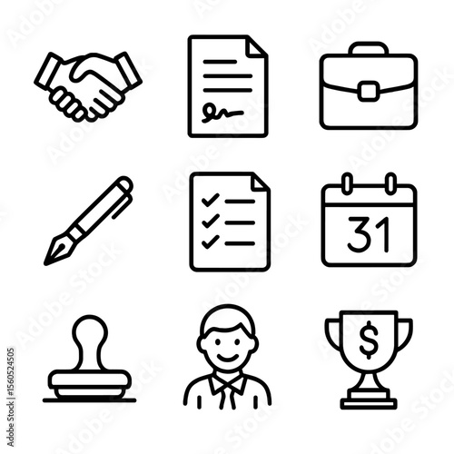 Business Deal Icons. Outline icon set of closing a business deal: handshake, signed contract, briefcase, fountain pen, agreement