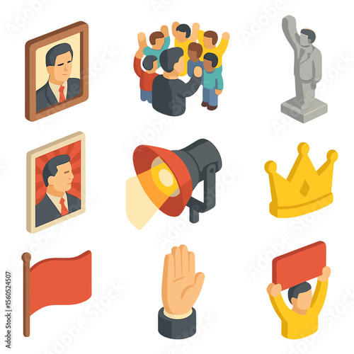 Cult Leader Icons. Isometric Flat icon set of cult of personality and leader worship: leader portrait, adoring crowd, statue,