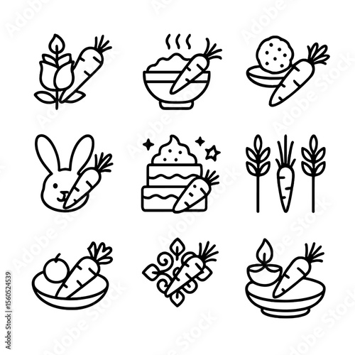 Cultural Carrot Icons. Outline icon set of Carrot in Cultural Traditions: carrot and rose for Diwali, carrot halwa bowl, carrot