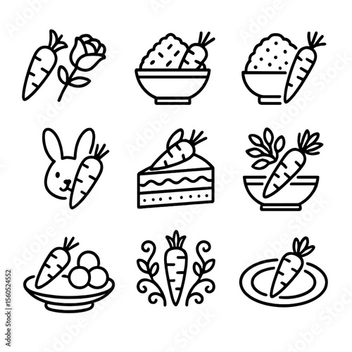 Cultural Carrot Icons. Outline icon set of Carrot in Cultural Traditions: carrot and rose for Diwali, carrot halwa bowl, carrot