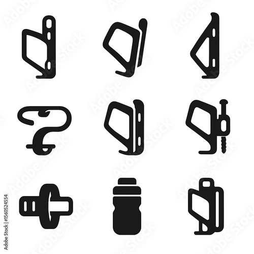 Bike Bottle Cage Icons. Flat icon set of bike bottle cages: road frame mount, mountain bike side cage, aero bottle holder, seat