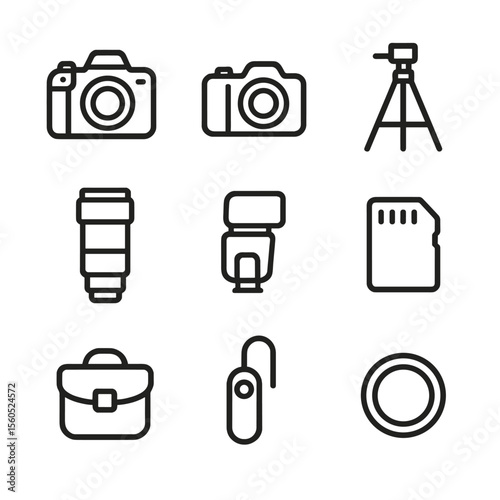 Camera Gear Icons. Outline icon set of camera gear essentials: DSLR camera, mirrorless camera, tripod, telephoto lens, external