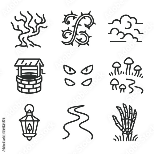 Cursed Forest Icons. Outline icon set of Cursed Forest Scenes: twisted tree, thorny vines, mist, abandoned well, glowing eyes,