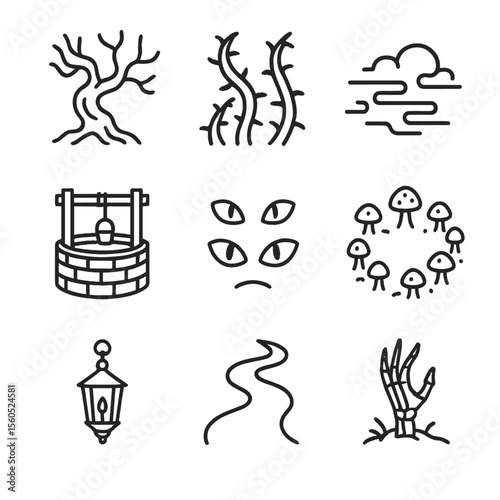 Cursed Forest Icons. Outline icon set of Cursed Forest Scenes: twisted tree, thorny vines, mist, abandoned well, glowing eyes,