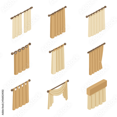 Curtain Style Icons. Isometric Flat icon set of curtain style types with linen: sheer linen panel, blackout linen drape,