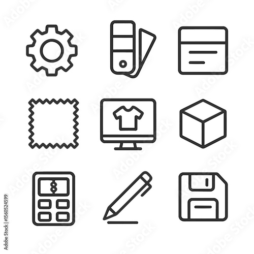 Custom Product Icons. Outline icon set of Custom Product Configuration: gear icon, color swatch, size dropdown, material texture,