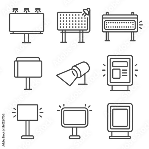 Billboard Lighting Icons. Outline icon set of billboard and ad lighting: floodlit billboard, LED display panel, scrolling marquee,